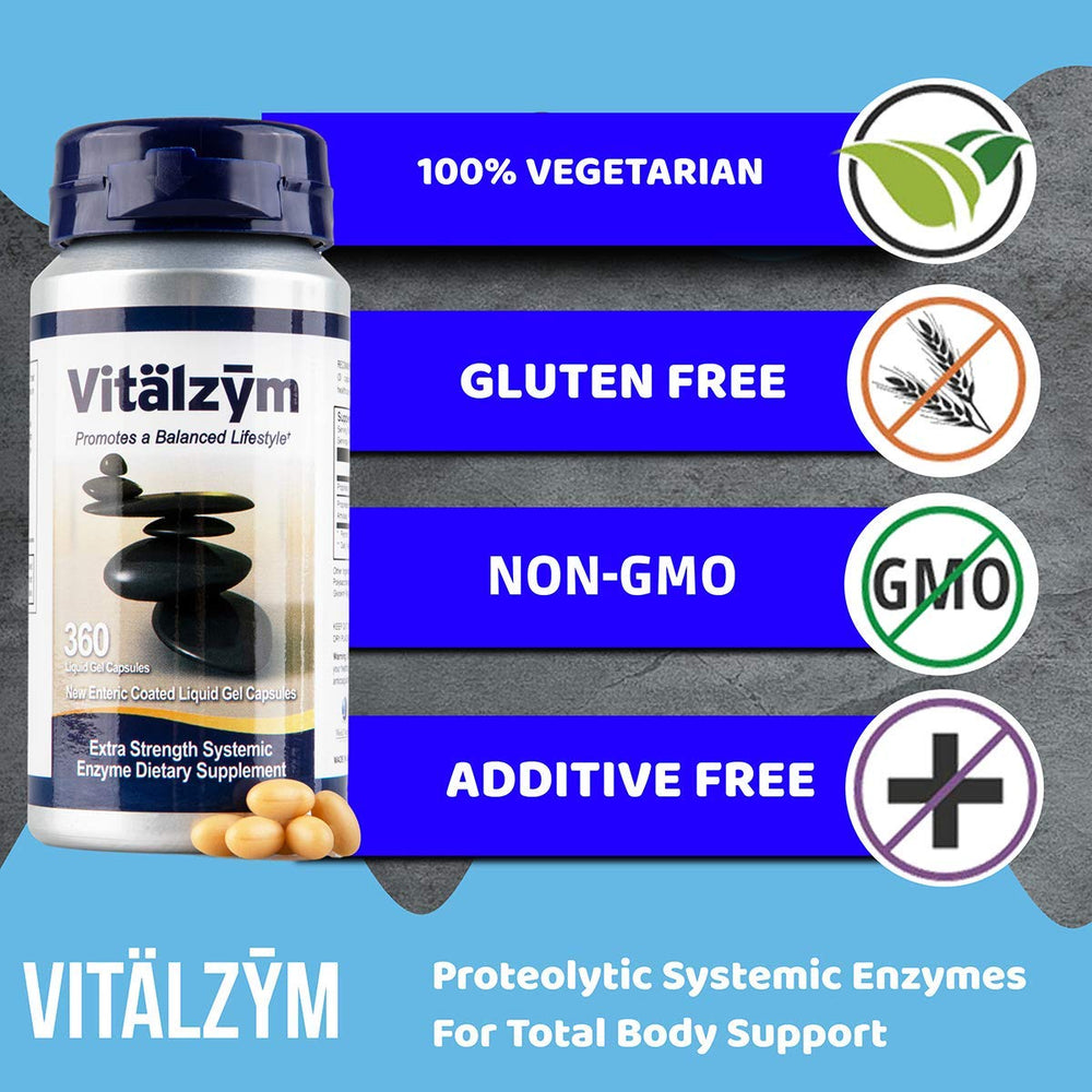 VITÄLZYM label and packaging showing vegetarian, gluten-free features.