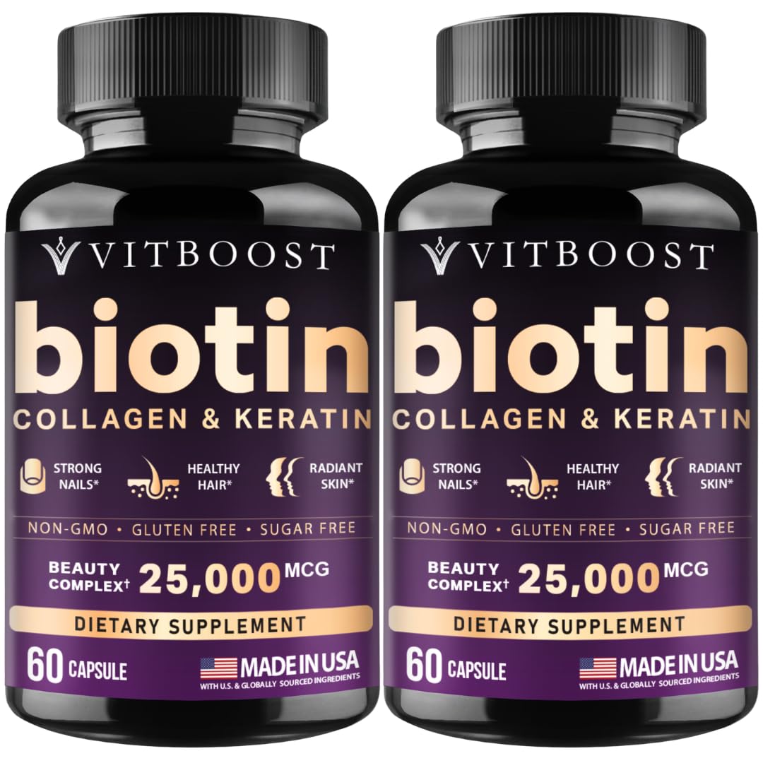 Vitboost Biotin Hyaluronic Acid bottle showcases hydration support for hair and skin.