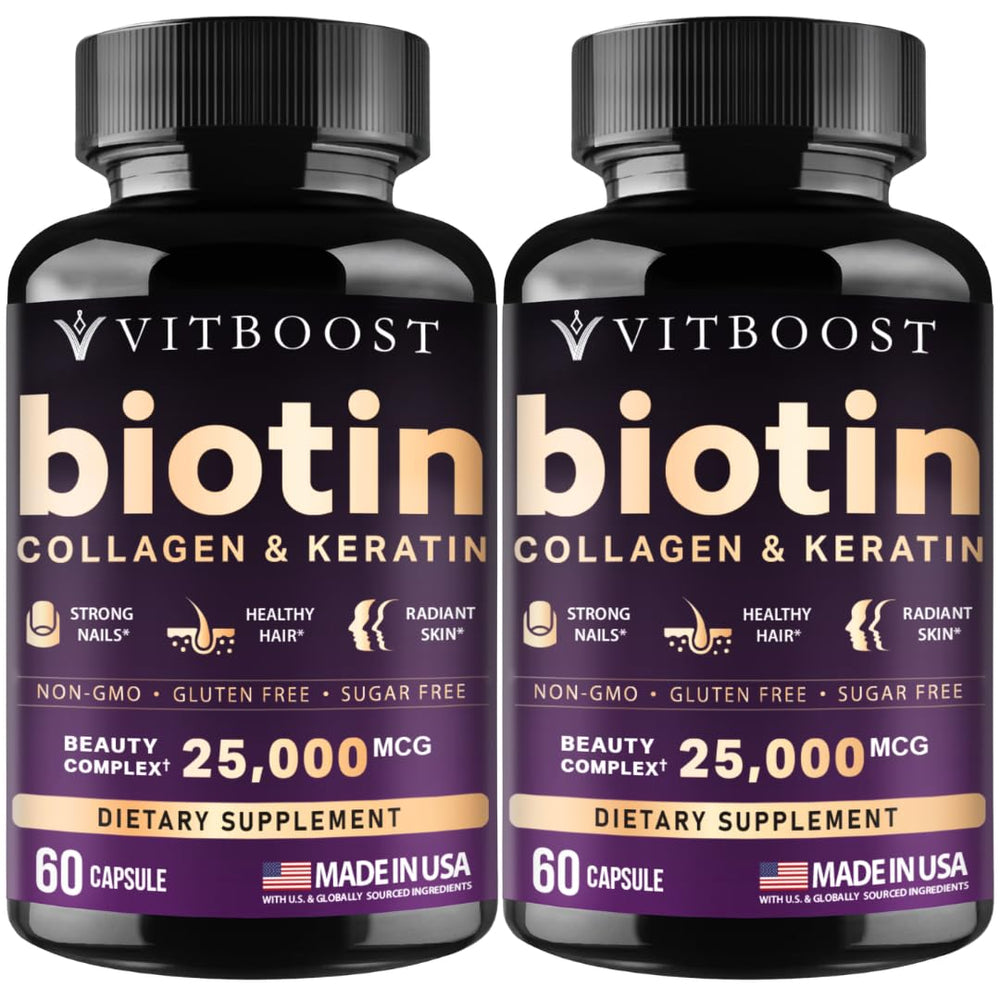 Vitboost Biotin Hyaluronic Acid bottle showcases hydration support for hair and skin.