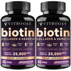 Vitboost Biotin Hyaluronic Acid bottle showcases hydration support for hair and skin.