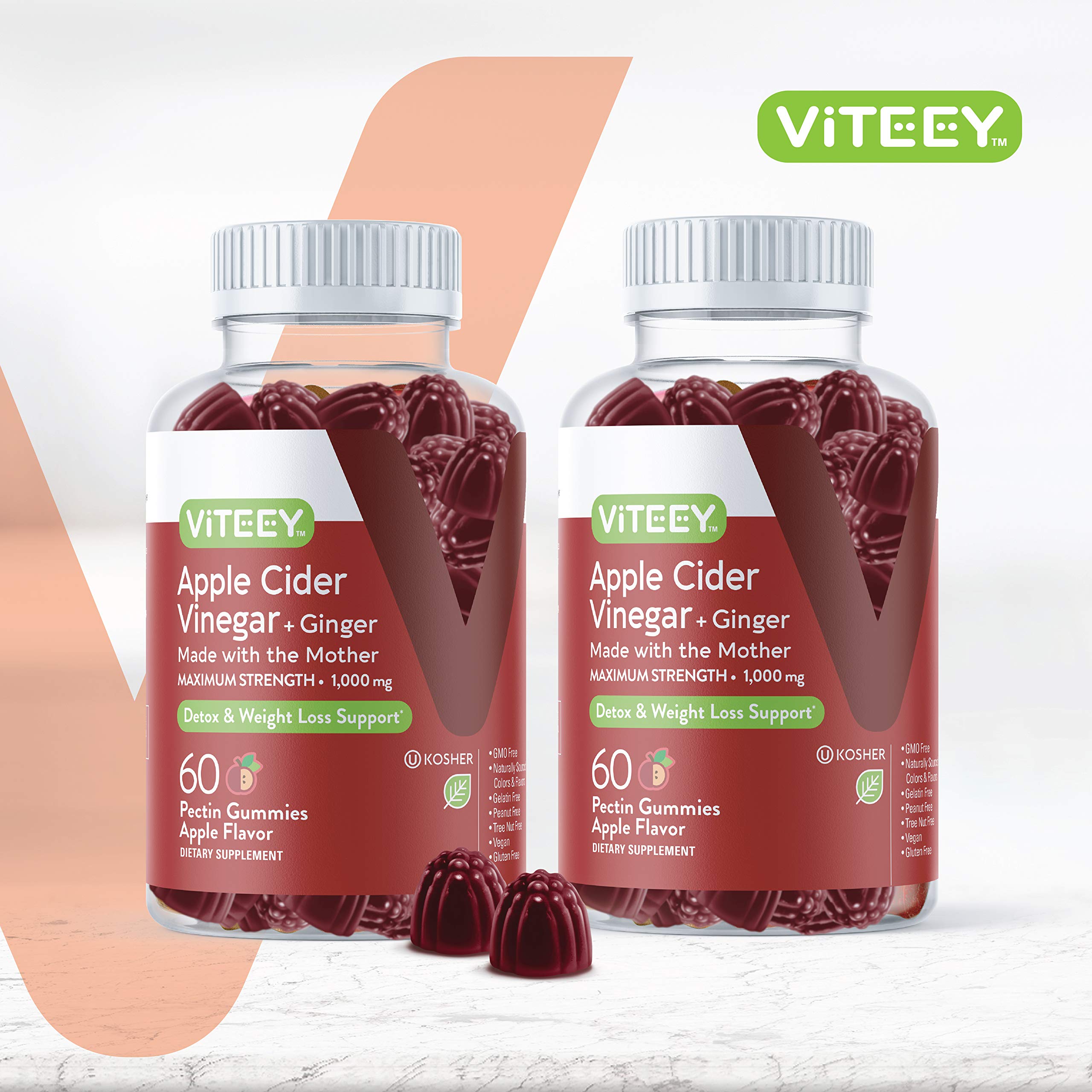 Viteey ACV gummies close-up showing two gummies per serving