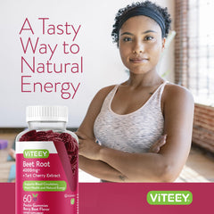 Viteey Beet Root Gummies bottle with tart cherry ingredients for flavorful wellness.