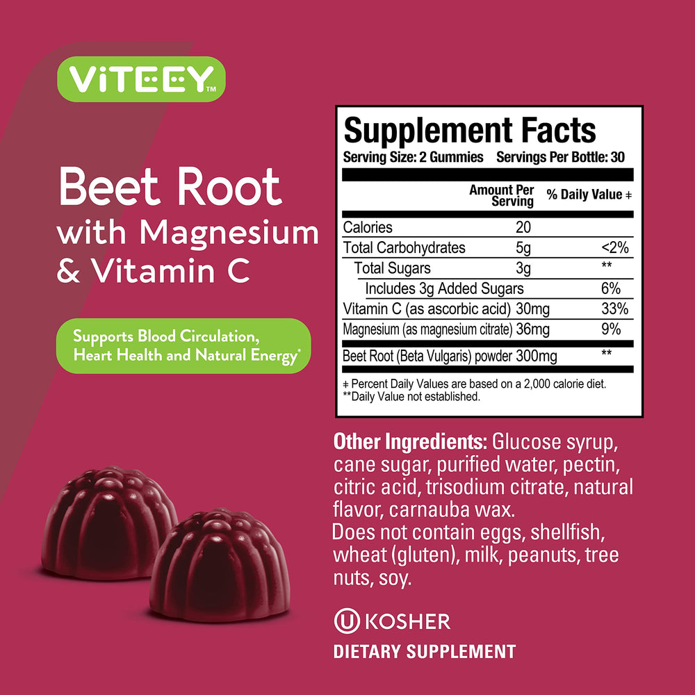 Viteey Beet Root Gummies vegan and kosher to suit dietary preferences.