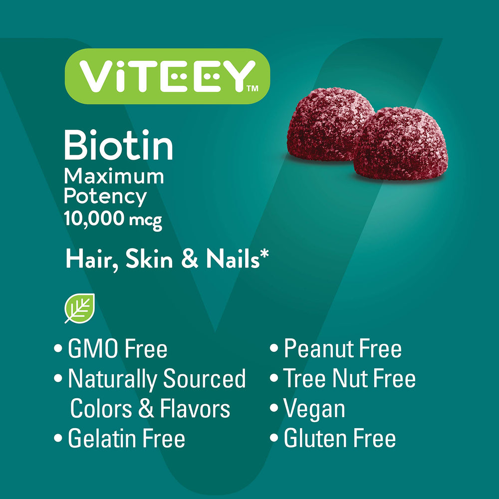 Viteey Biotin Gummies with nails and skin imagery signaling nourished appearance.
