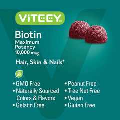Viteey Biotin Gummies with nails and skin imagery signaling nourished appearance.