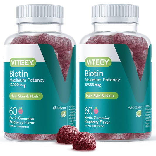 Viteey Biotin Gummies bottle with raspberry flavor supports healthy nails and skin.