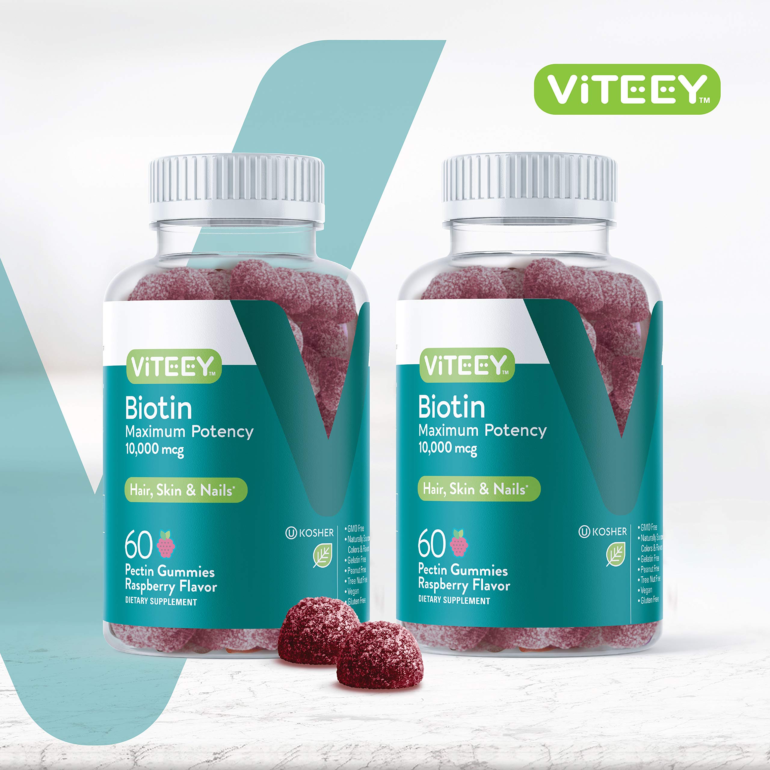 Viteey Biotin Gummies raspberry gummies close-up for convenient daily use.