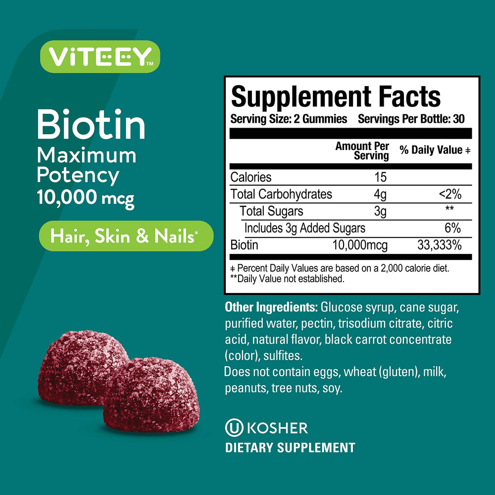 Viteey Biotin Gummies packaging showing vegan and gluten-free claim.