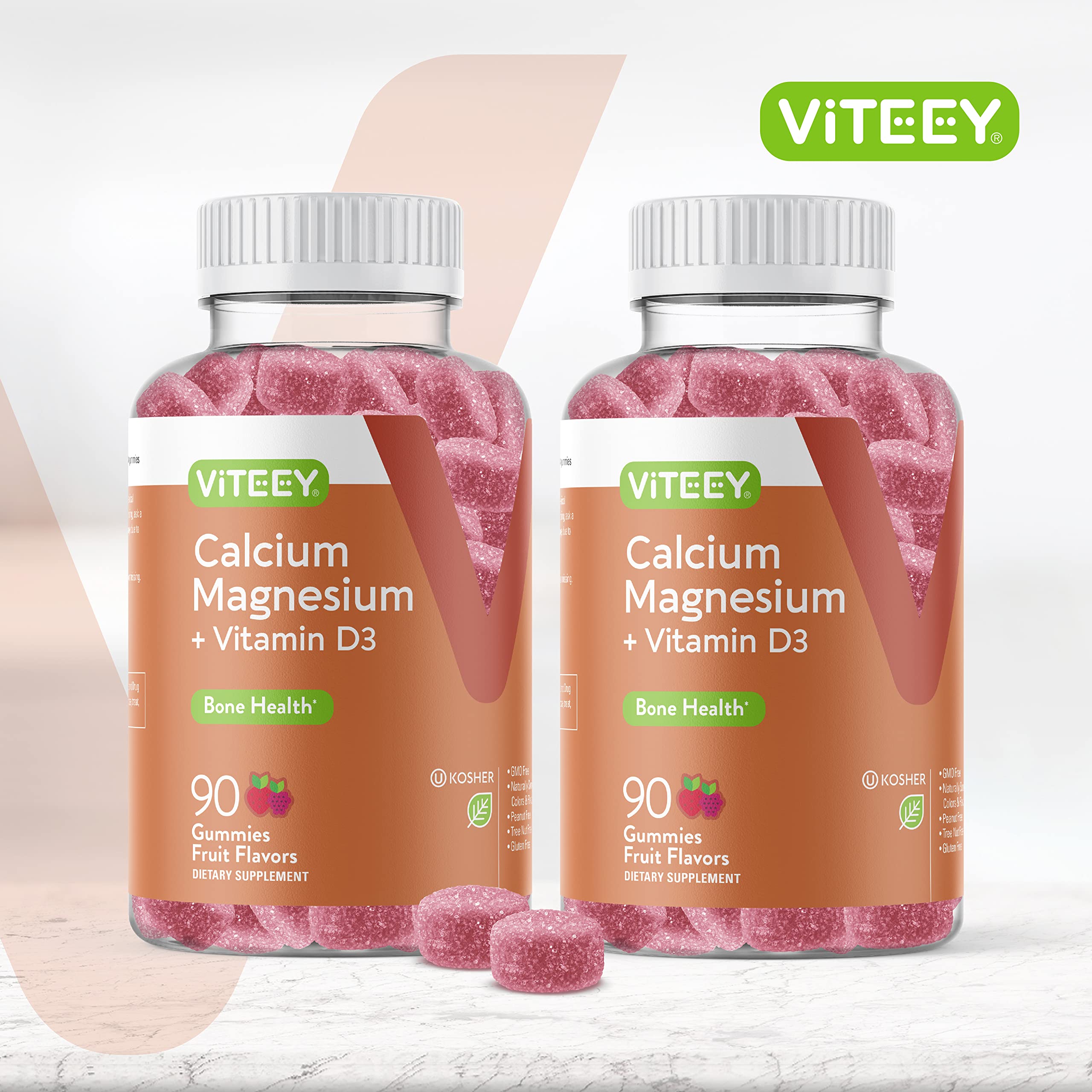 Close-up of delicious fruit-flavored VITEEY gummies for convenient daily calcium.
