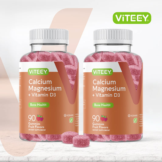 Close-up of delicious fruit-flavored VITEEY gummies for convenient daily calcium.
