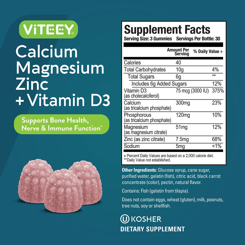 Viteey nutrition facts panel with minerals and D3 listed