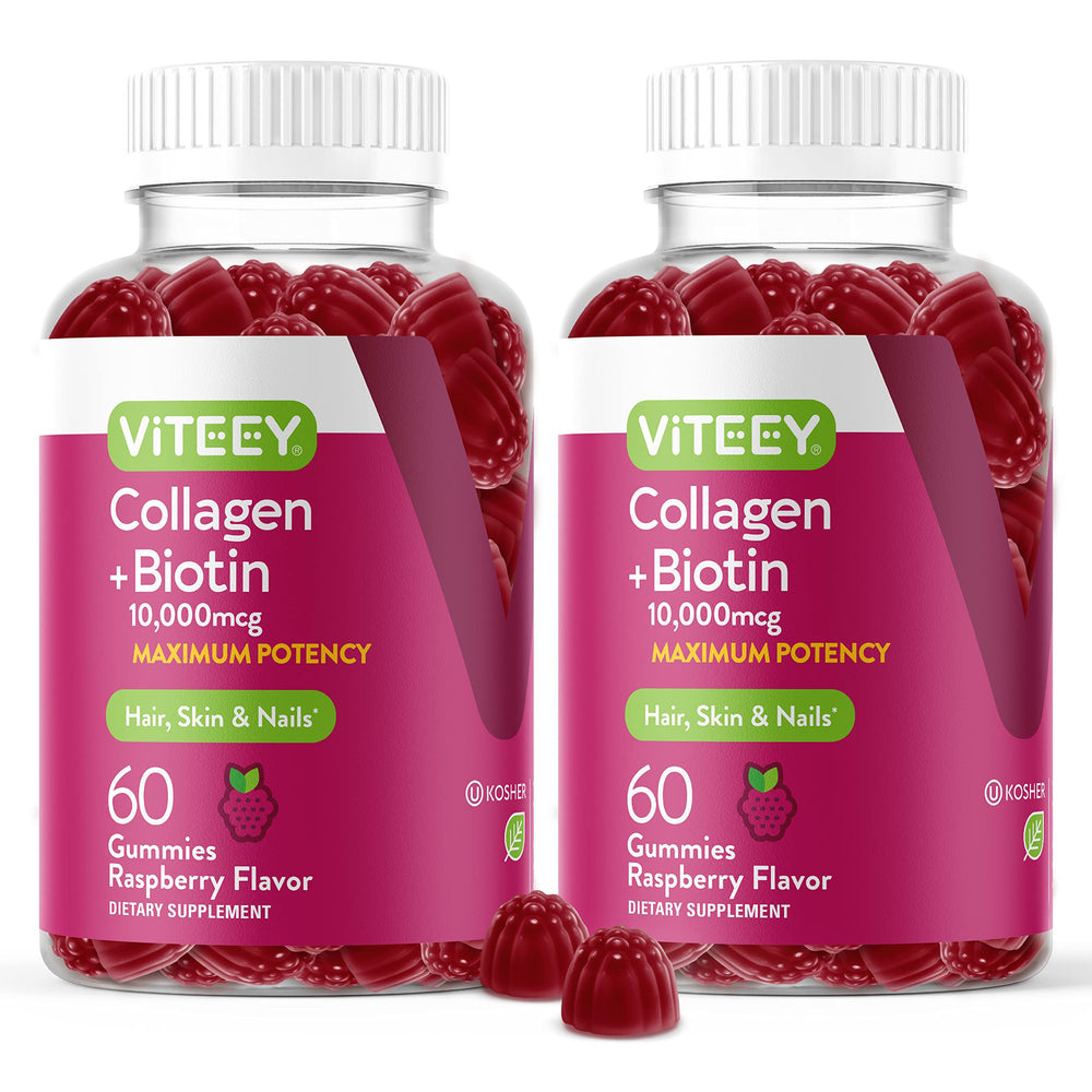 Viteey Collagen Gummies bottle with raspberry flavor supporting hair, skin, and nails.