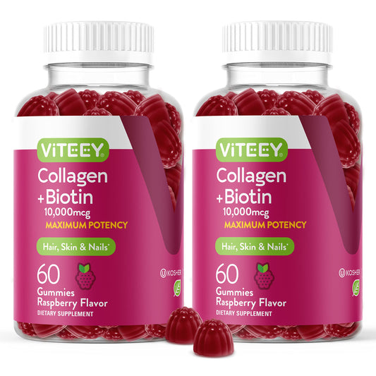 Viteey Collagen Gummies bottle with raspberry flavor supporting hair, skin, and nails.