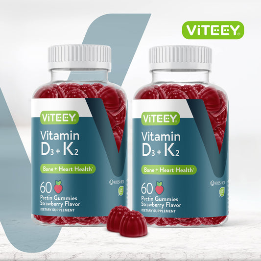 Close-up of Viteey D3 K2 gummies in strawberry flavor for on-the-go nutrition
