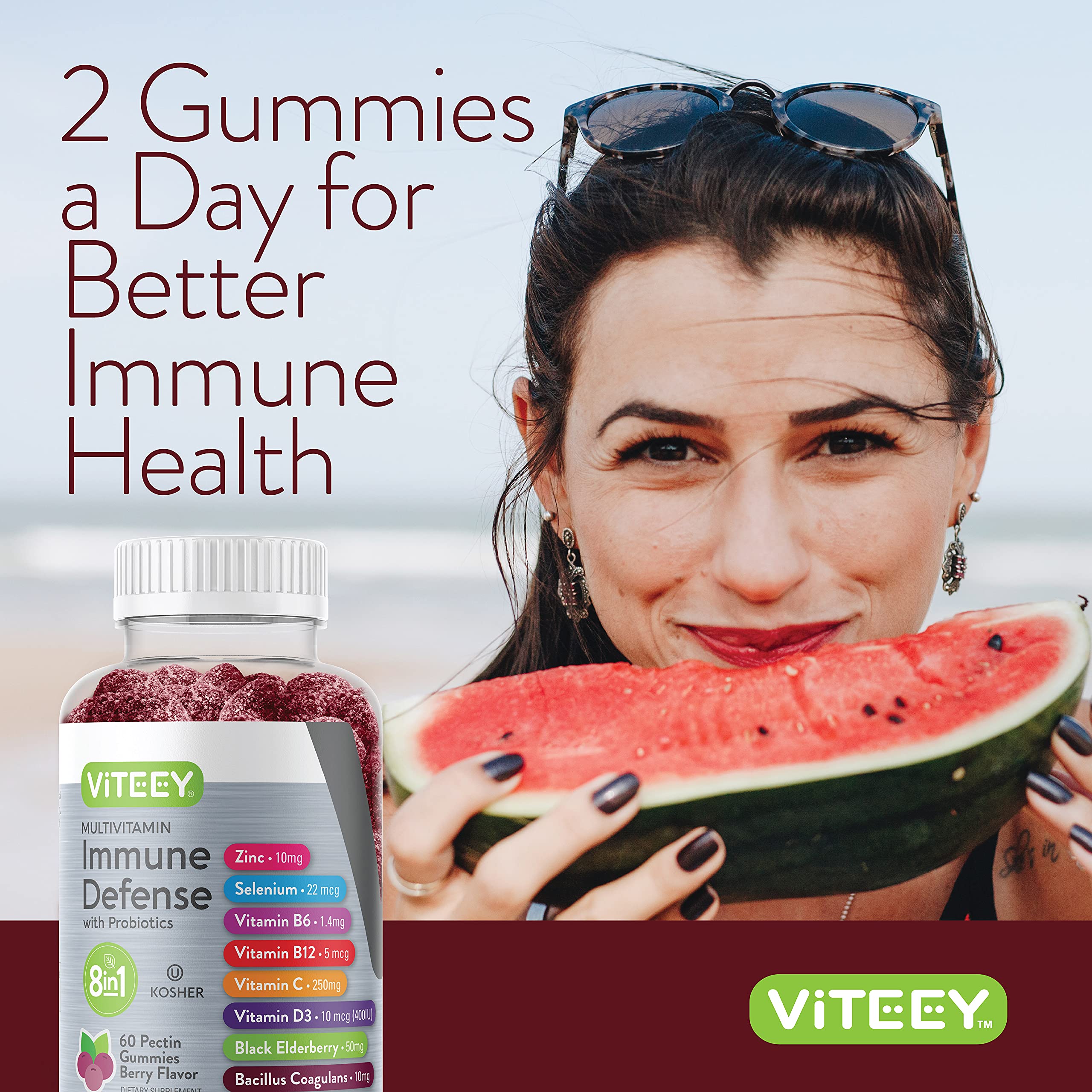 Viteey gluten-free non-GMO certifications label on the bottle
