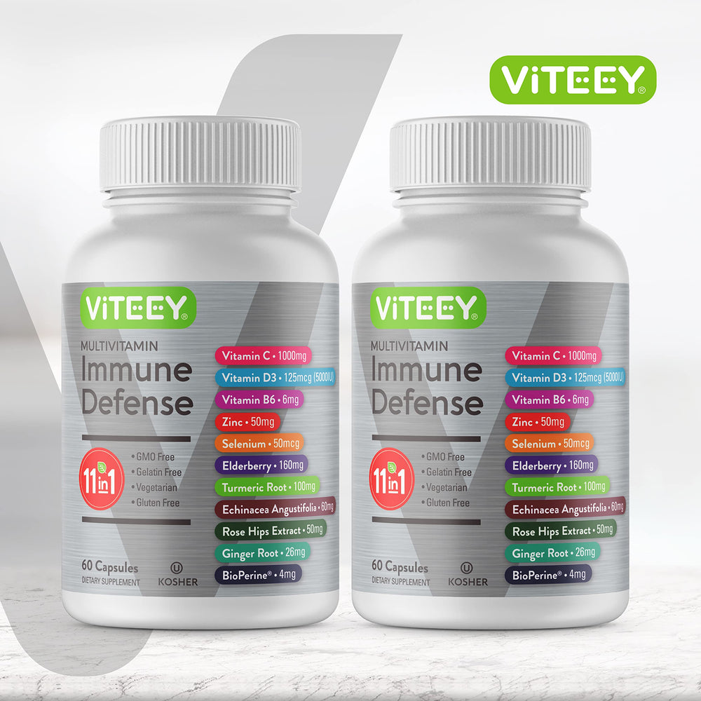 Viteey immune capsules closeup highlighting convenient two-capsule daily dose.