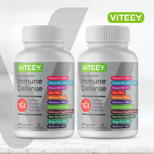 Viteey immune capsules closeup highlighting convenient two-capsule daily dose.