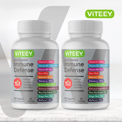 Viteey immune capsules closeup highlighting convenient two-capsule daily dose.