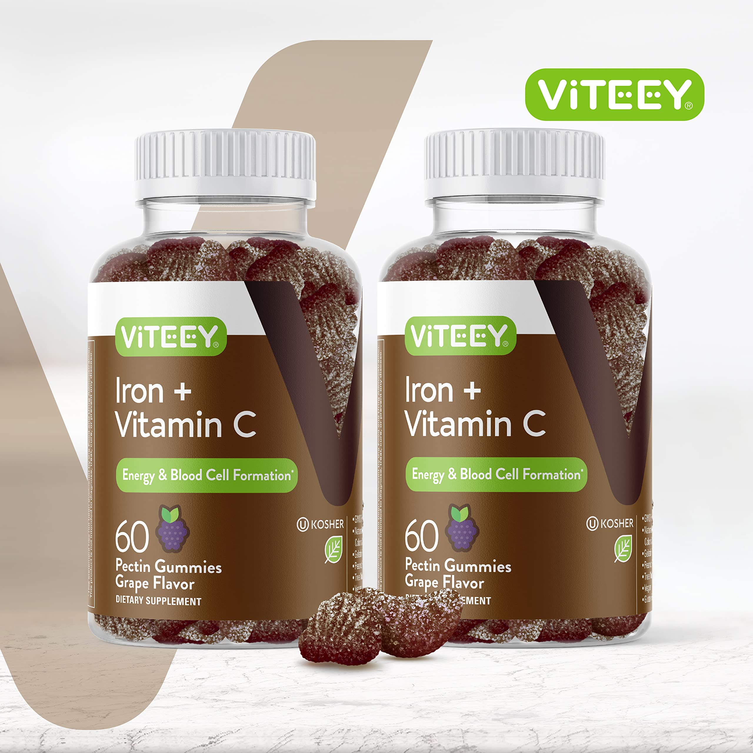 Viteey Iron Gummies bottle on kitchen counter for convenient use.