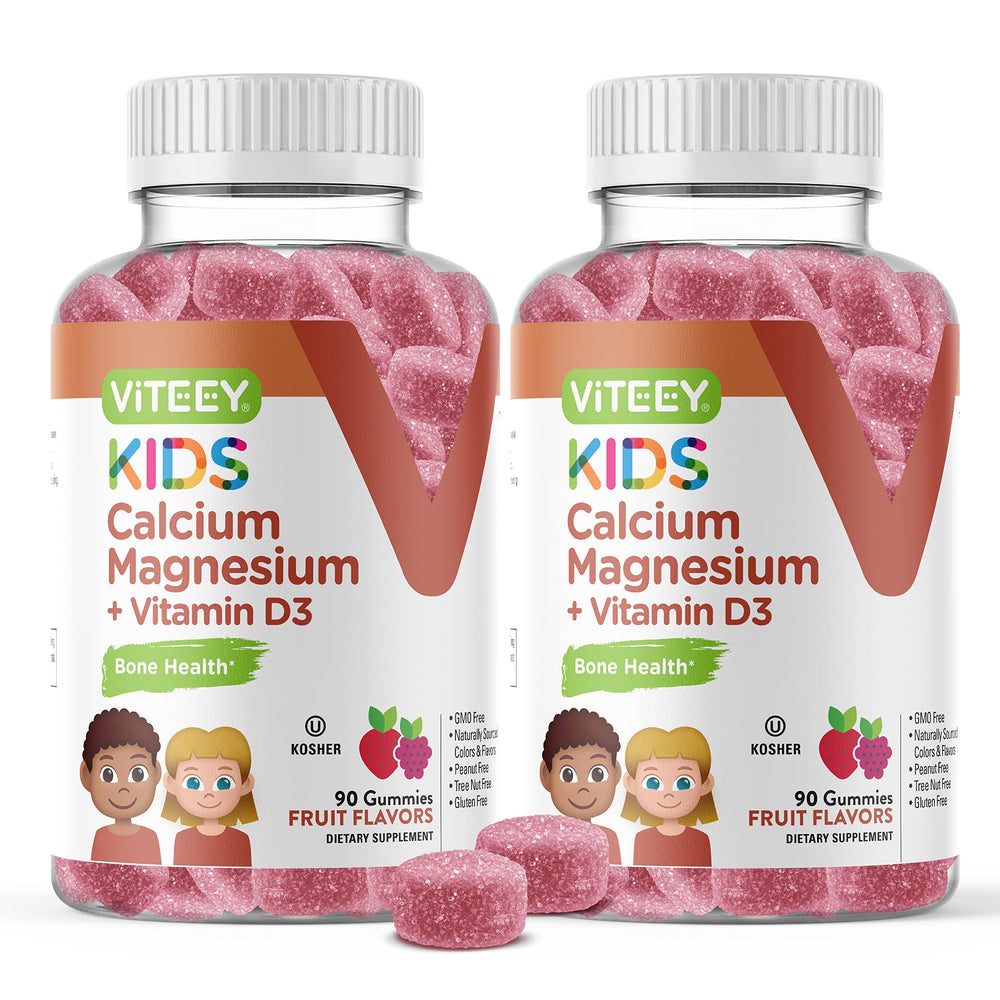 Viteey Kids Calcium Gummies bottle with fruit-flavored chews for growing bones.