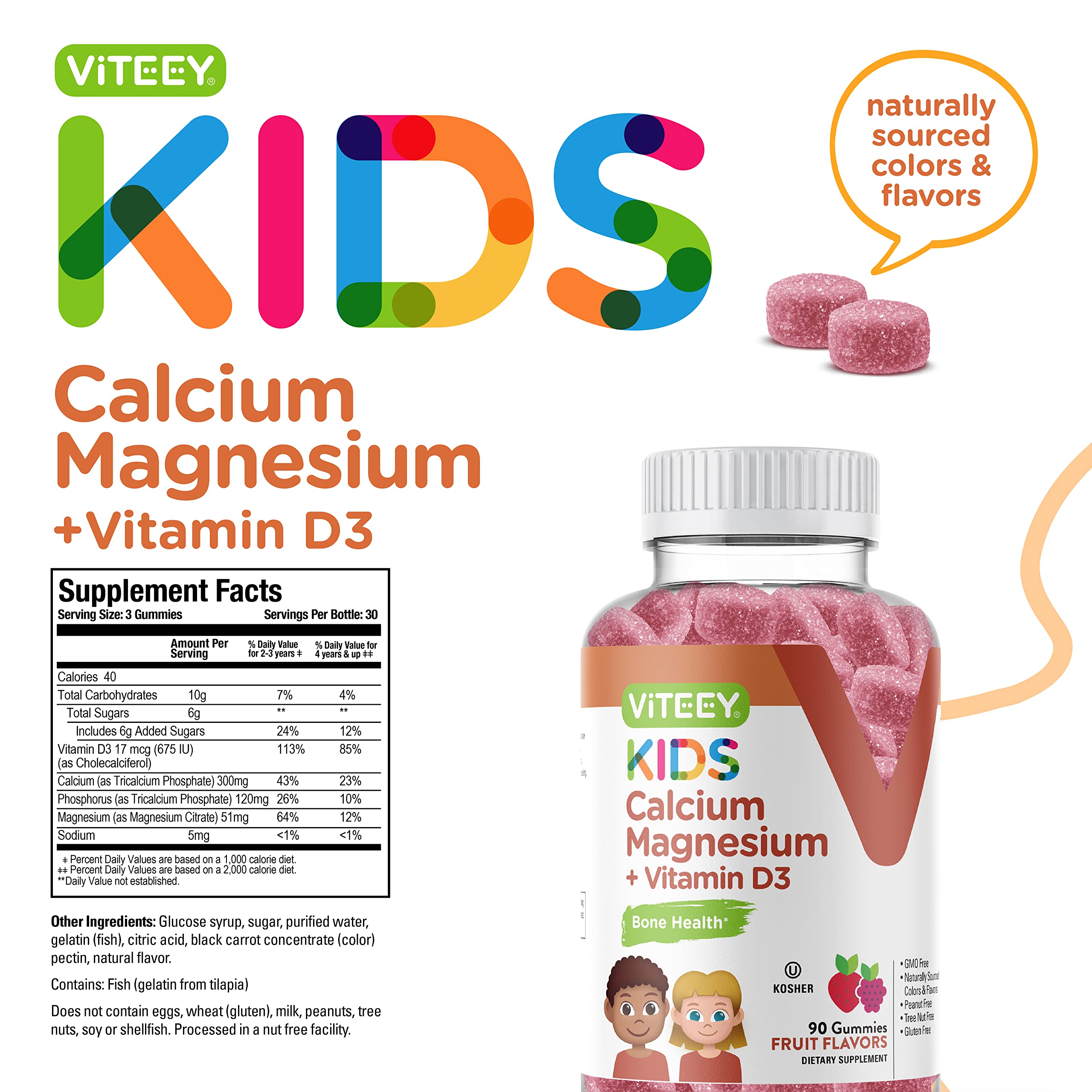 Viteey Kids Calcium Gummies ingredients chart showing calcium, magnesium, and D3.