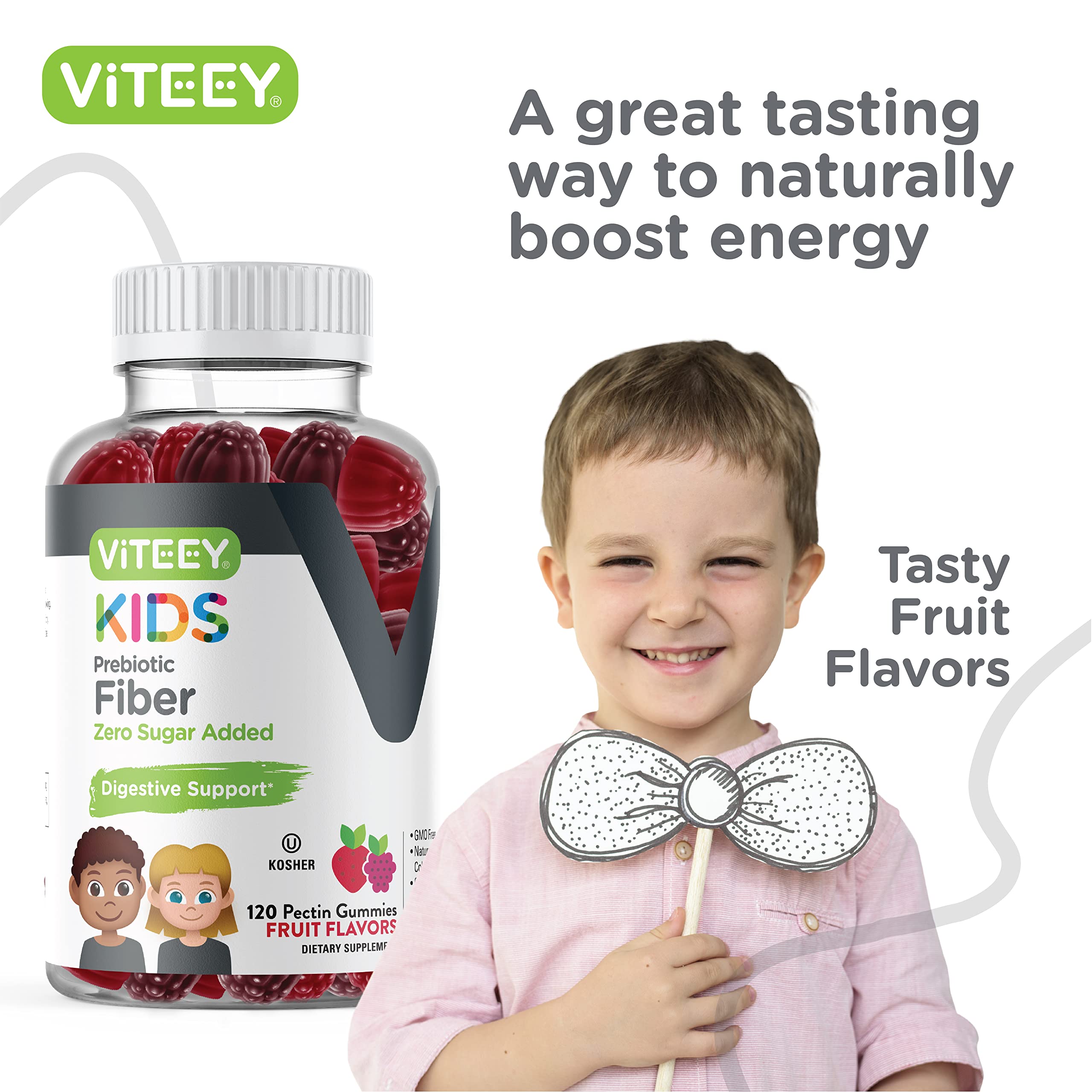 Kosher-certified fruit-flavored gummies suitable for family use.