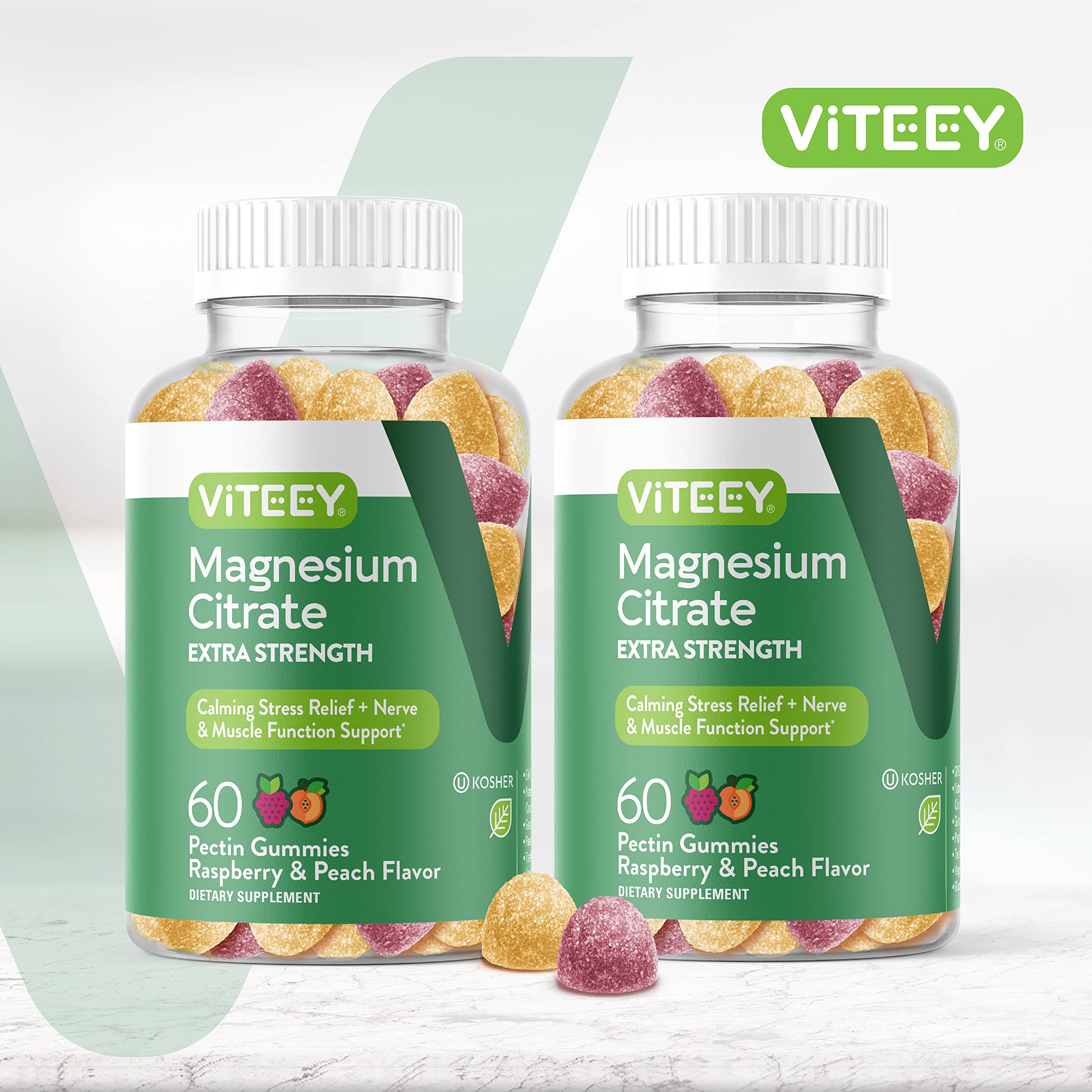 Viteey Magnesium Gummies close-up in raspberry peach flavor for daily calm and mood support