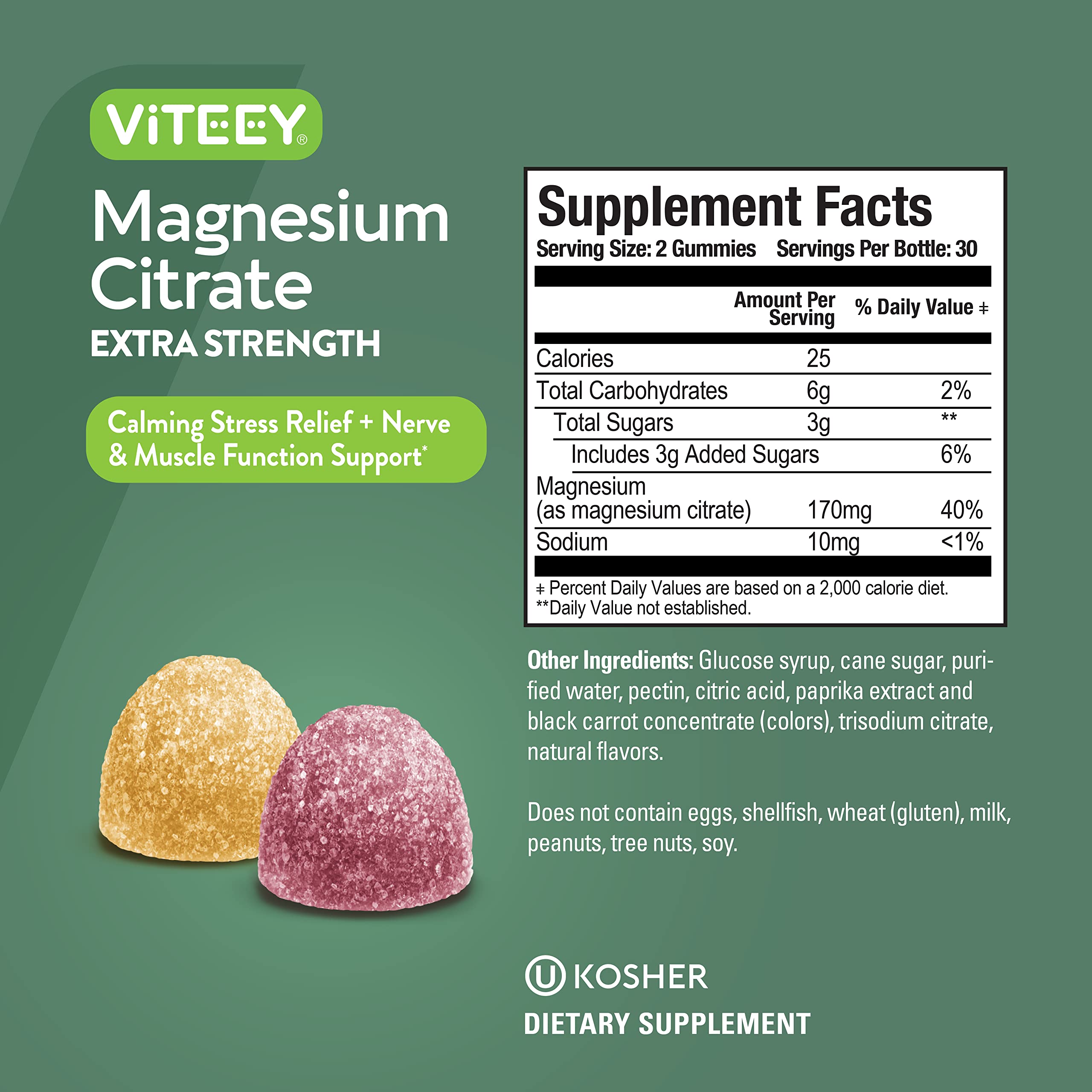 Viteey label highlights 170 mg per serving and vegan, gluten-free credentials