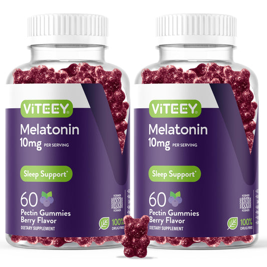Viteey Melatonin Gummies bottle showing a 120-count vegan sleep support.