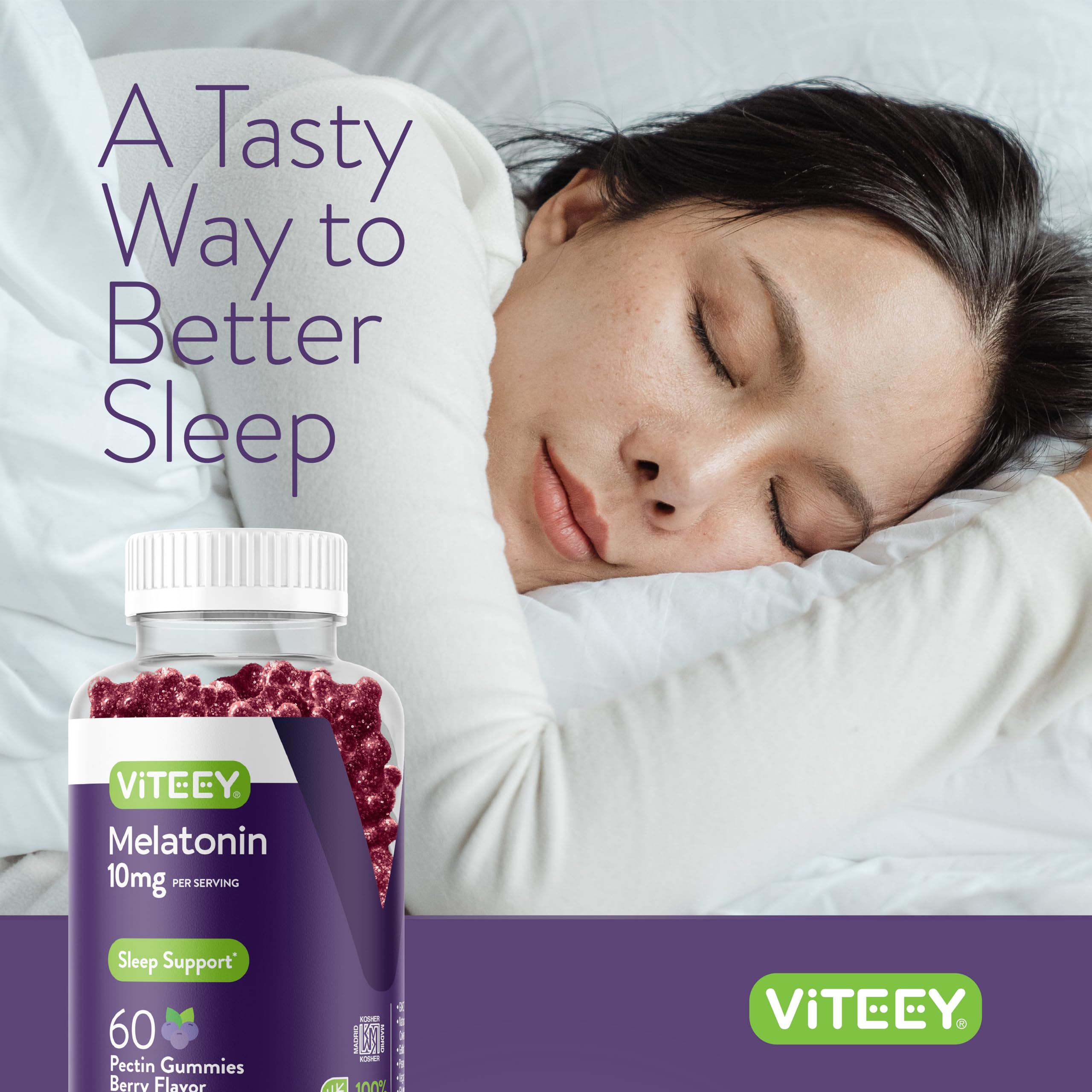 Nighttime routine scene with Viteey gummies on a bedside table.