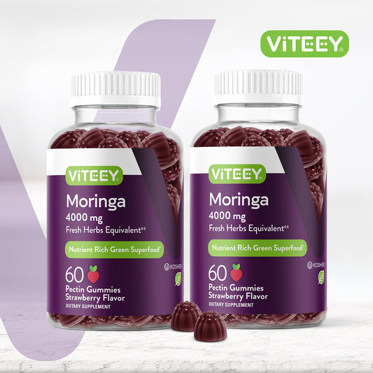 Viteey Moringa Gummies bottle open with gummies for easy daily supplementation