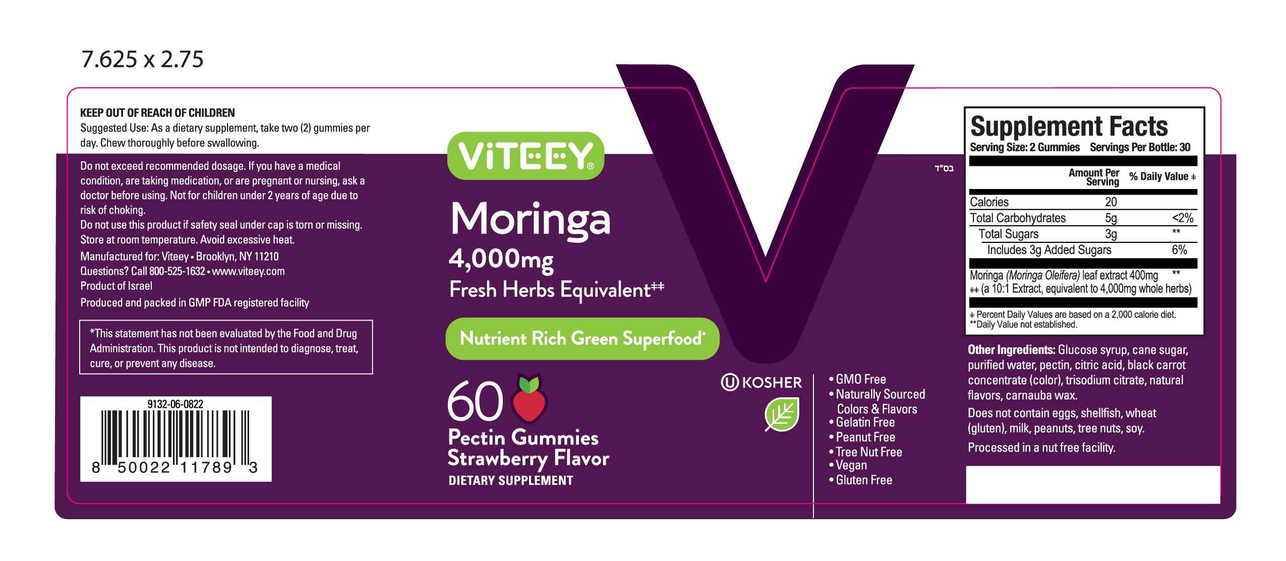 Viteey Moringa Gummies natural color ingredients on label for transparency