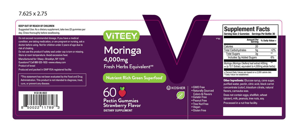 Viteey Moringa Gummies natural color ingredients on label for transparency