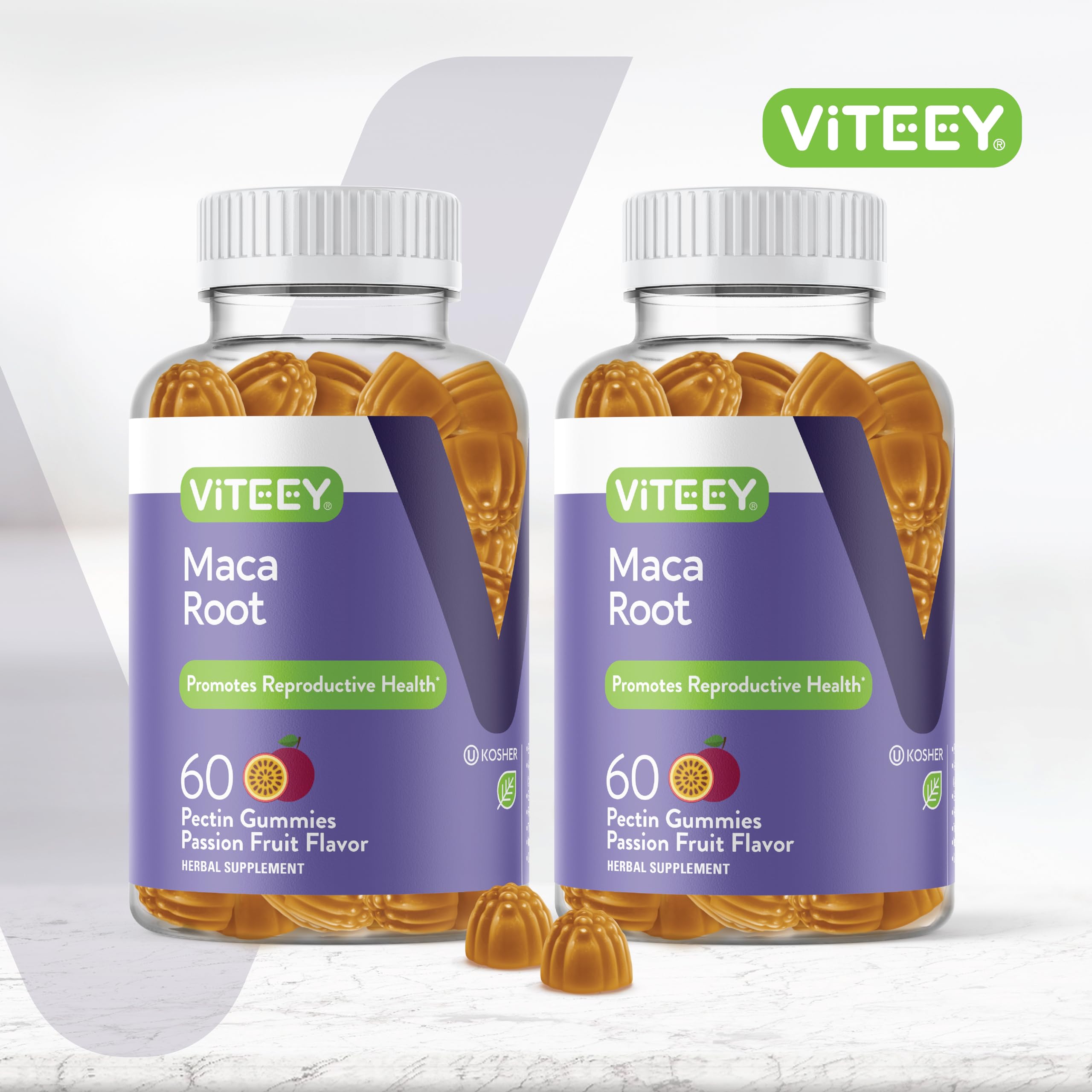 Viteey Black Maca gummies close-up showing passion-fruit flavor for daily vitality.