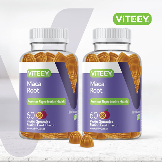 Viteey Black Maca gummies close-up showing passion-fruit flavor for daily vitality.