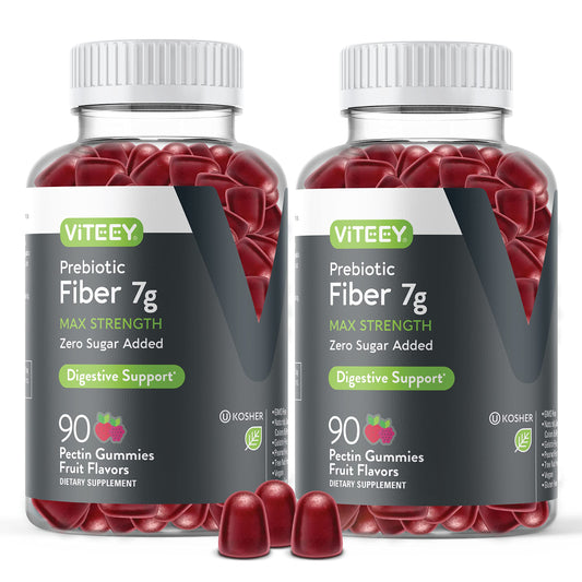 VITEEY prebiotic fiber gummies jar shows 180-count bottle for daily digestive support.