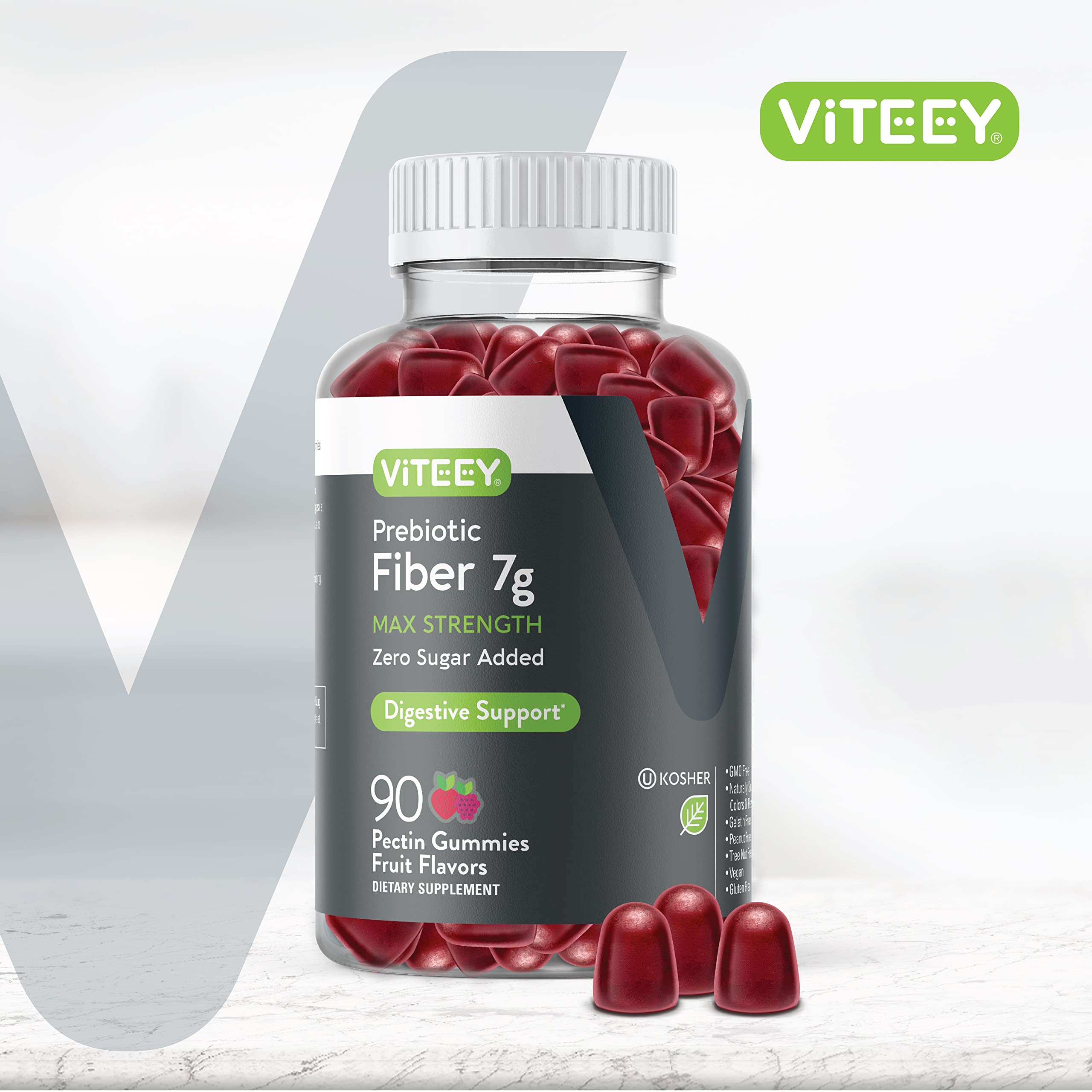 Viteey Prebiotic Fiber Gummies label closeup with nutrition details.