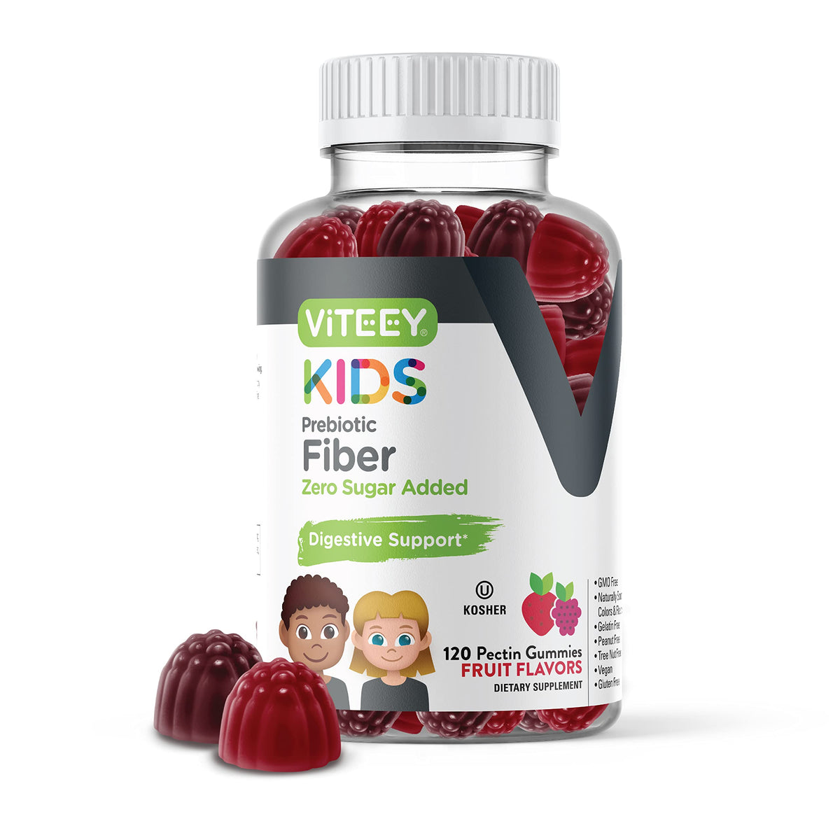 Viteey Prebiotic Kids Fiber Gummies bottle label shows a two-month supply for ongoing daily use.