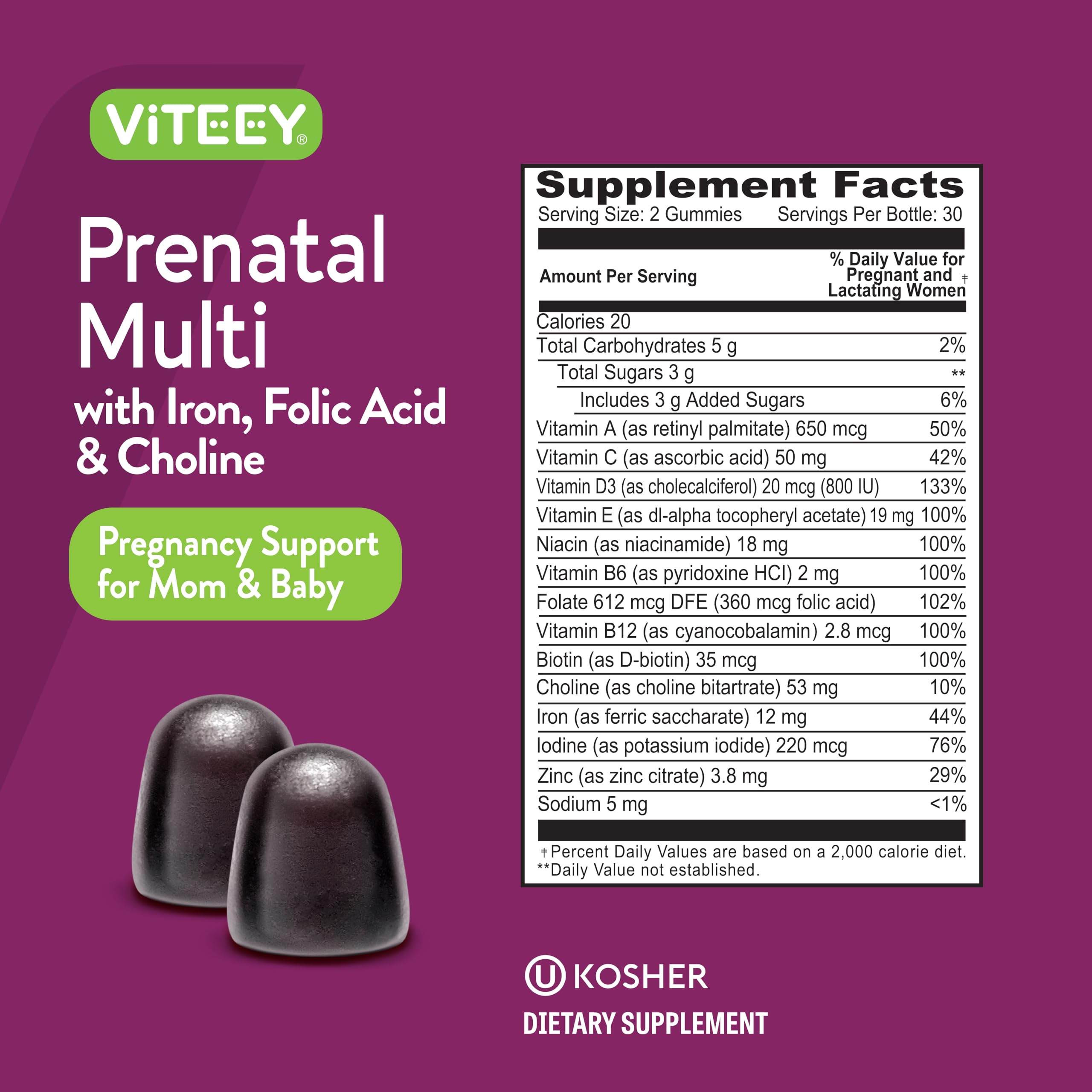 Viteey Prenatal Gummies bottle-label focus emphasizes iron and folic acid in the mix.