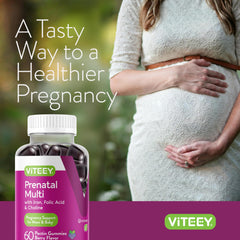 Viteey Prenatal Gummies natural-colors flavors closeup signals clean ingredients.