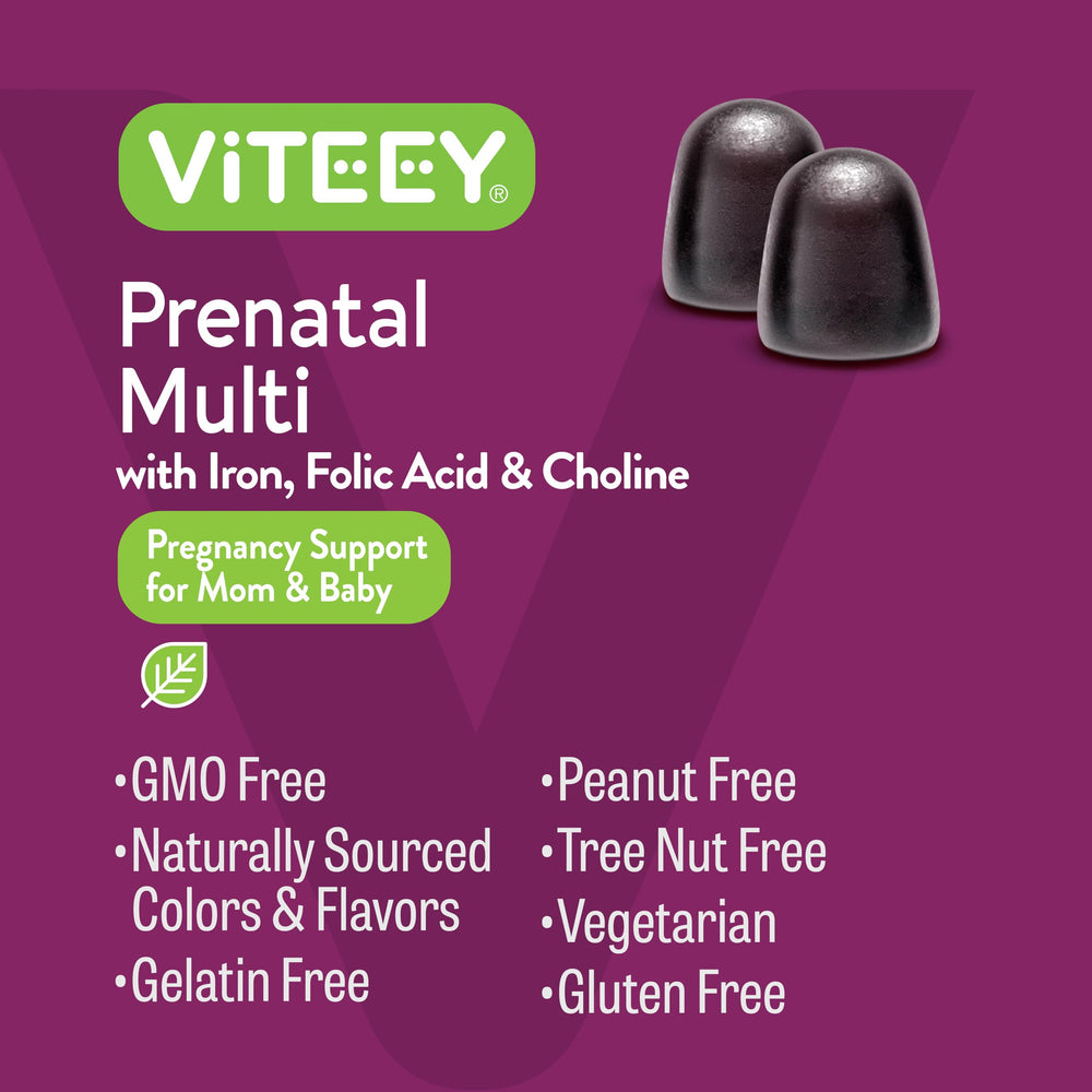 Viteey Prenatal Gummies packaging shot communicates gluten-free and nut-free formulation.