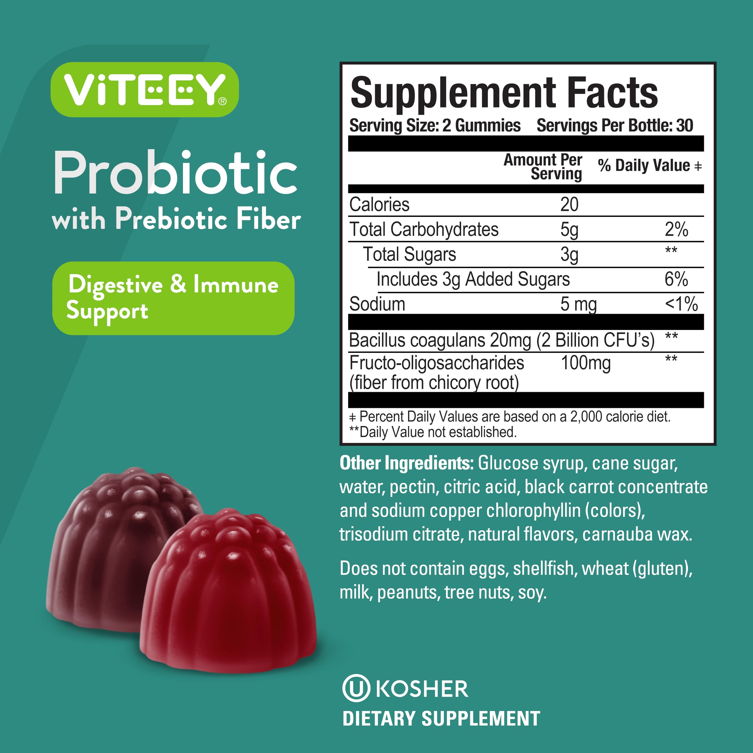 Viteey Probiotic Gummies label highlights vegan and gluten-free ingredients.