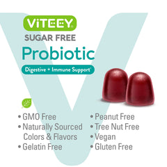 Viteey Probiotic Gummies vegan gelatin-free label highlighting clean ingredients.
