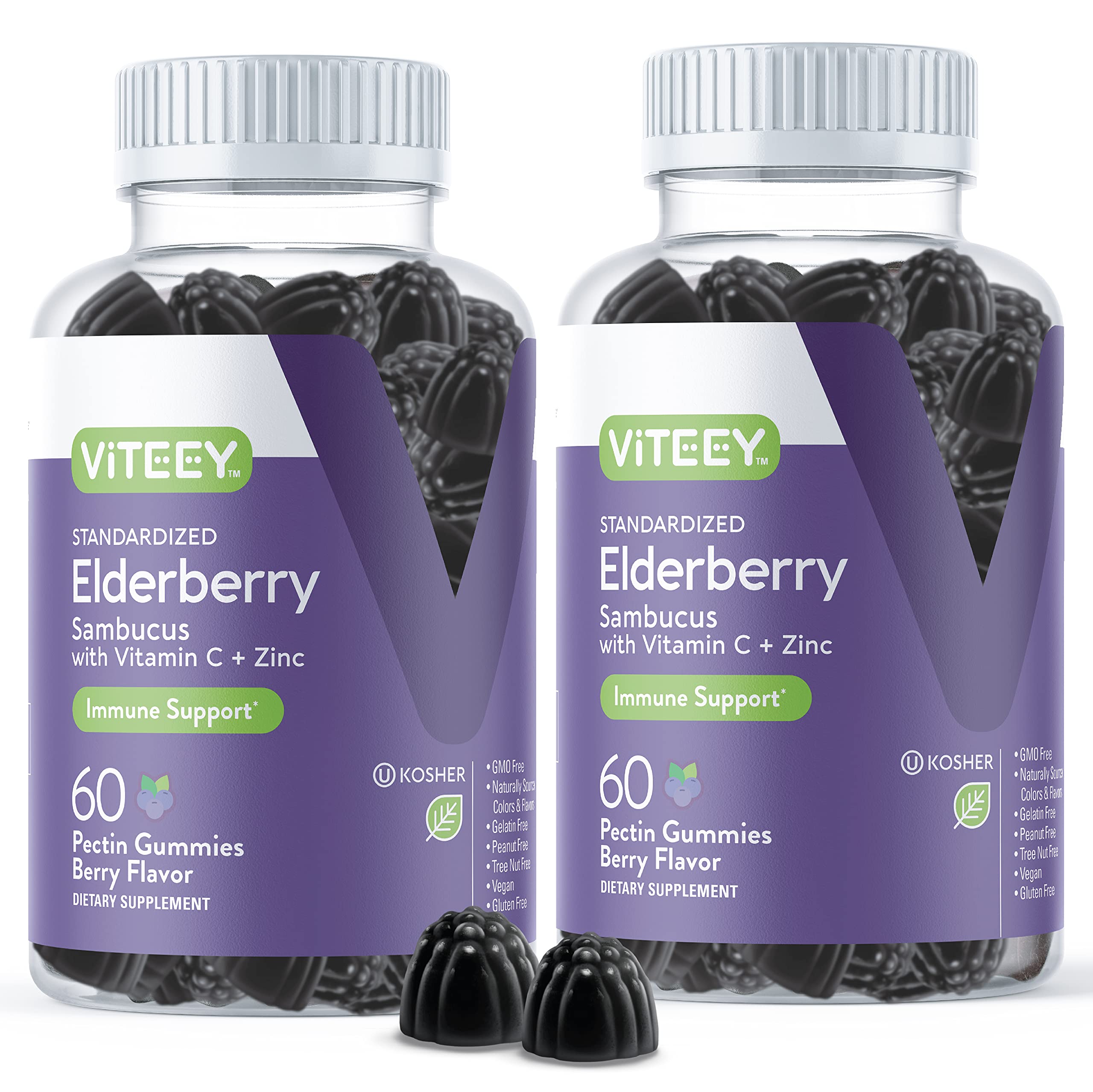 Viteey Sambucus Gummies bottle front showing vegan immune support with berry flavor