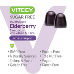 Viteey Sambucus Elderberry Gummies jar close-up emphasizes vegan, gluten-free recipe.