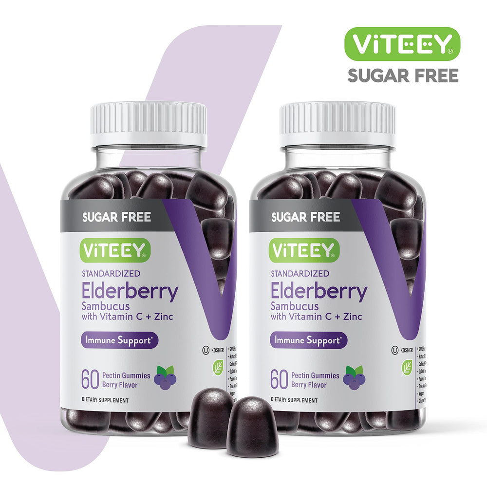 Viteey Sambucus Elderberry Gummies label close-up highlighting sugar-free vegan formula.