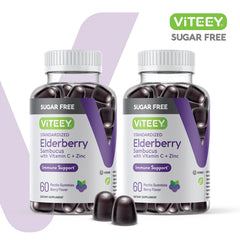 Viteey Sambucus Elderberry Gummies label close-up highlighting sugar-free vegan formula.