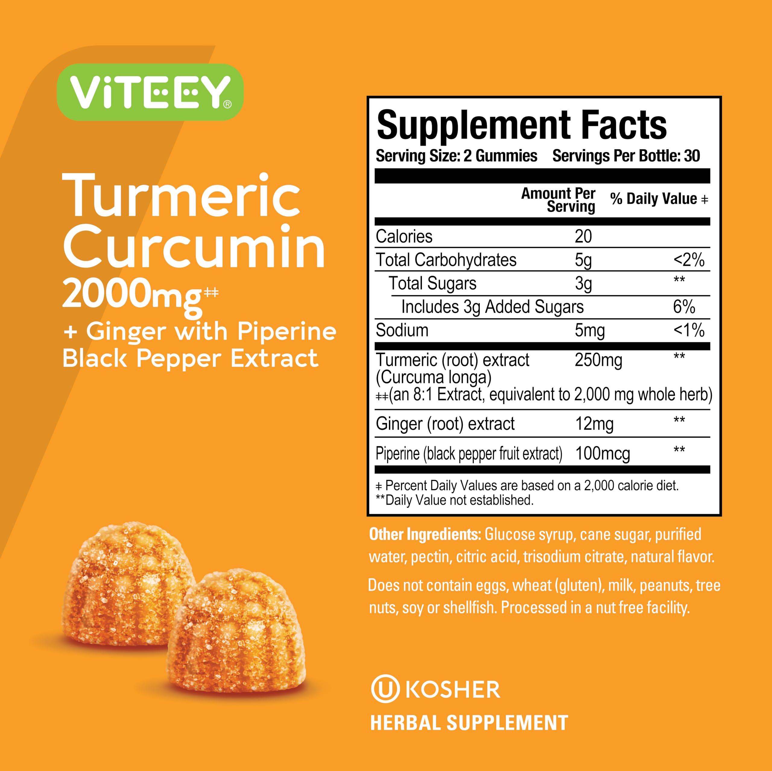 Viteey Turmeric Curcumin Gummies label, vegan, kosher, and allergen-friendly.