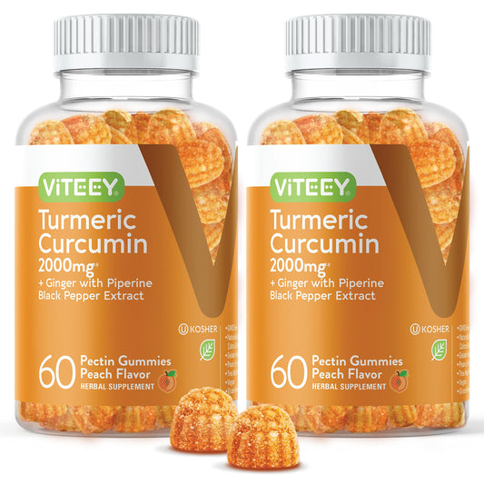 Viteey Turmeric Curcumin Gummies peach bottle, supports daily wellness on the go.
