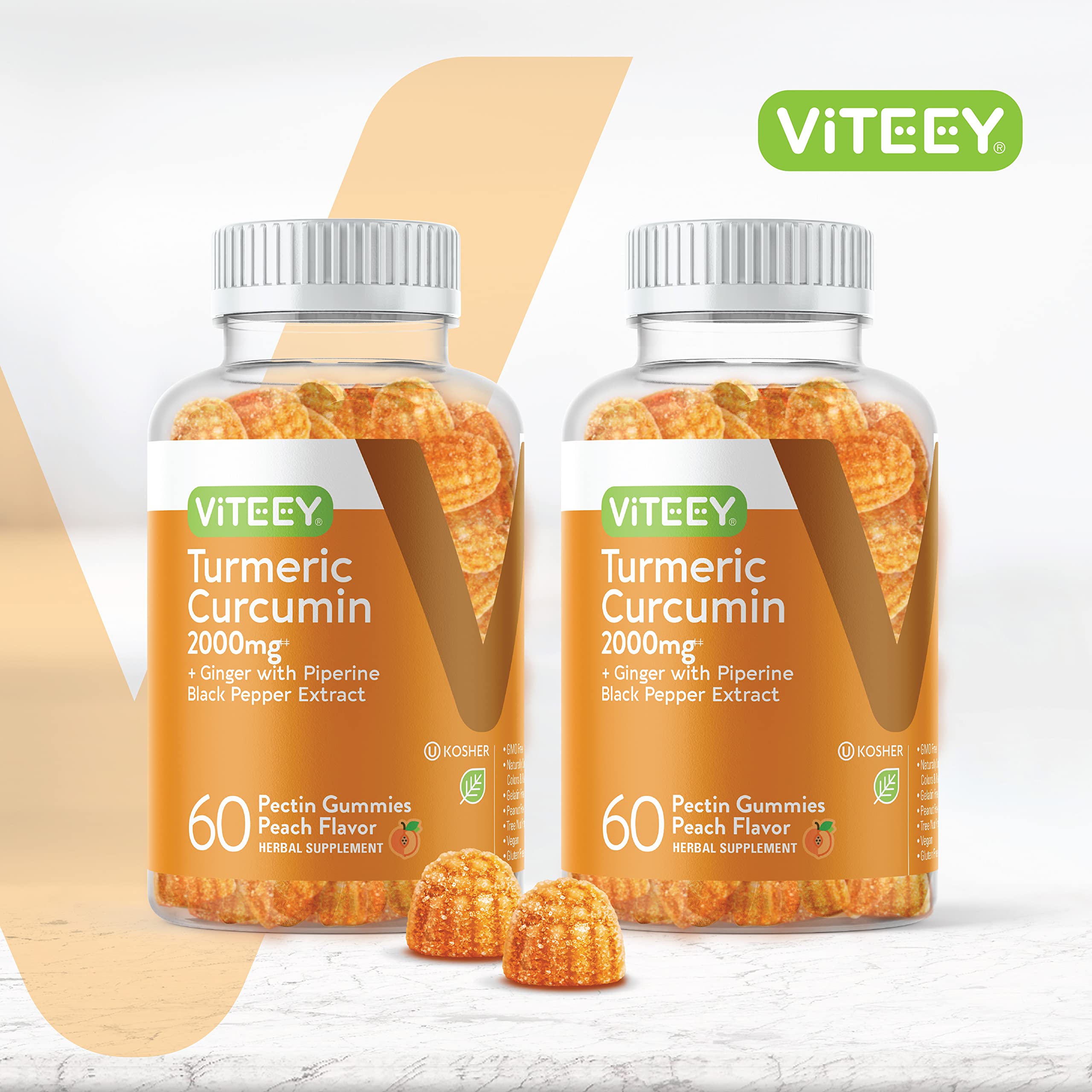 Viteey Turmeric Curcumin Gummies peach pack, provides a 2-month supply.